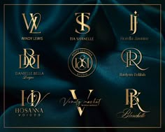 the logos for several luxury brands are shown in gold and blue colors on a black background