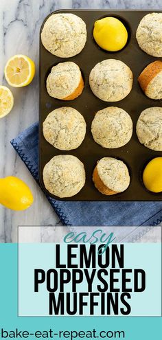 lemon poppy seed muffins in a baking pan on a marble counter top with text overlay