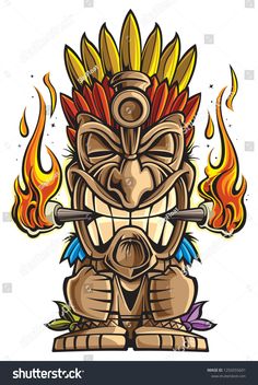 an illustration of a tiki mask with flames in the background