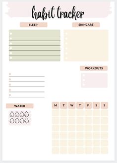 a printable habit tracker with the words, sleep and workouts written on it