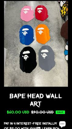 an ad for the bape head wall art contest, with four different color options