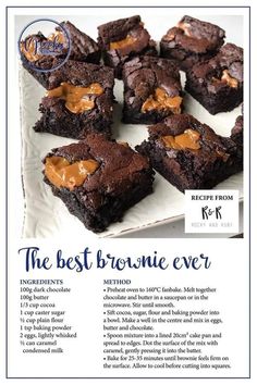 brownies with peanut butter are on a white plate and there is an advertisement for the best brownie ever