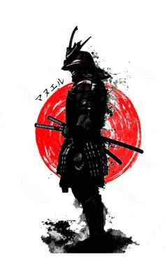 the samurai is standing in front of a red sun