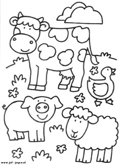 a black and white drawing of farm animals