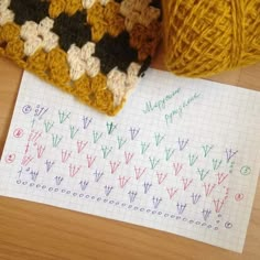 two balls of yarn sitting next to each other on top of a paper with letters and numbers