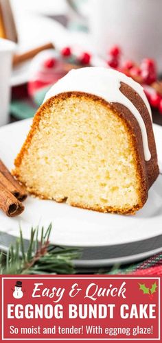 an eggnog bundt cake on a plate with cinnamon sticks