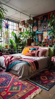 Bohemian-style bedroom adorned with colorful textiles, plants, and eclectic decor. Maximalist Decor Bedroom, Boho Idea, Jewel Toned Bedroom Decor, Bedrooms Boho, Eclectic Boho Bedroom, Maximalist Bedroom Ideas, Artsy Bedroom, Bedroom Decor Bohemian