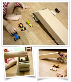 three pictures of children playing with toys on the floor and in front of a cardboard box