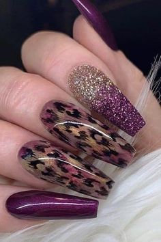 Animal Print Nails Art, Purple Nail, Print Nails, Leopard Nails, Animal Nails, Animal Print Nails, Acrylic Coffin