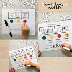 four pictures showing how to make letters and numbers in the word workbook for kids