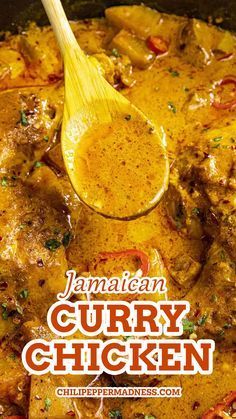 jamaican curry chicken in a pan with a wooden spoon on the side that says, jamaican curry chicken