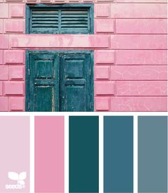 a pink building with blue shutters and green door in the center is an example of color combinations