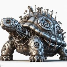 a large metal turtle like object with lots of mechanical parts on it's body