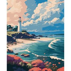 a painting of a lighthouse on the coast with clouds in the sky and water around it