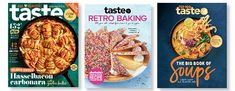 three magazine covers with cereal and other food items on the front, one is for taste