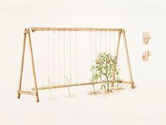 a wooden swing with plants growing in it