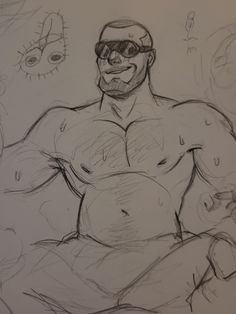 a drawing of a man with sunglasses on his face and chest, sitting in front of a