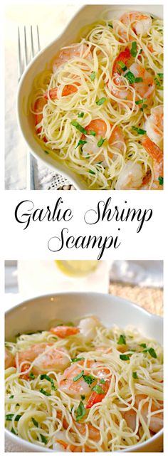 two pictures of shrimp and pasta in a pan with the words garlic shrimp scampp