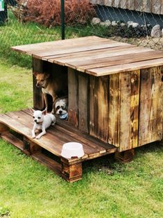 two dogs in a dog house made out of pallets