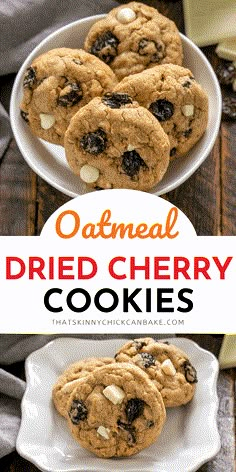 oatmeal dried cherry cookies on a white plate with text overlay that reads oatmeal dried cherry cookies