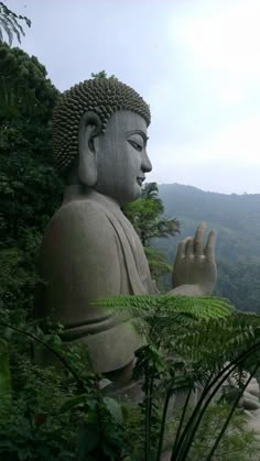 a large buddha statue sitting in the middle of a forest