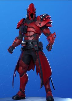 a red and black action figure on a blue background