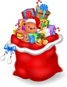 a teddy bear sitting in a bag full of presents