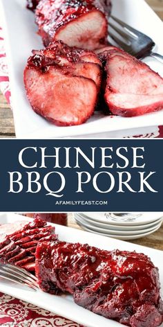 chinese bbq pork on a plate with fork and knife next to another dish that has meat in it