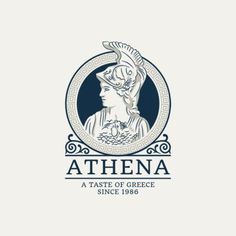 the logo for athena, a taste of greek cuisine since 1876 with an image of a woman's head