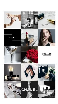 the collage shows different types of black and white items, including shoes, lipstick, perfume