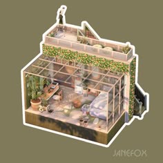 an image of a small greenhouse with plants growing in the roof and windows on it