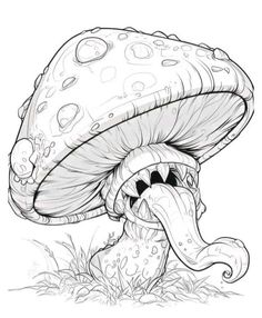 a drawing of a mushroom with its mouth open and eyes closed, sitting in the grass