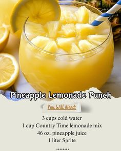 Combine 3 cups cold water and 1 cup lemonade mix in a large pitcher, whisking to blend. \nStir in 46 oz pineapple juice. \nAdd 1 liter Sprite last and mix well. \nAdd crushed ice and fresh slices if desired. \nStore in the refrigerator until ready to serve.\n#FreshDrink #CitrusyFlavor #SummerVibes #PunchRecipe #LemonadeLove #PineapplePunch Sprite Recipe, Pineapple Lemonade Punch, Lemonade Punch Recipe, Country Time Lemonade, Drink For Summer, Lemonade Punch, Pineapple Lemonade, Drink Recipes Nonalcoholic