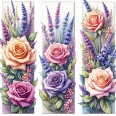 three different colored roses and lavenders are on the side of this bookmarkes