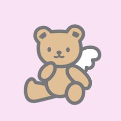 a brown teddy bear with an angel wing on it's chest sitting in front of a pink background