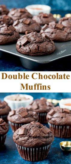 double chocolate muffins on a baking sheet and in the background there is a pan with more muffins