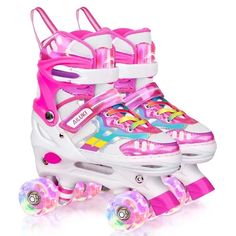 two roller skates with pink and blue wheels on a white background, one has colorful lights