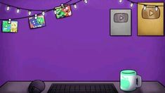 a purple room with pictures hanging on the wall and a keyboard in front of it