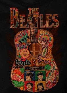 the beatles t - shirt on display in front of a black background with colorful images