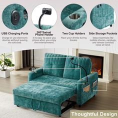 an image of a couch that is in the living room with instructions on how to use it