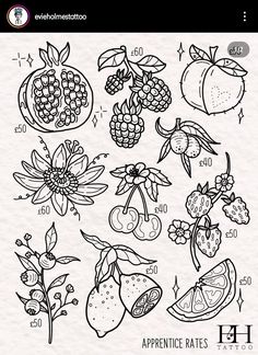 an image of fruit and vegetables on paper with numbers in the middle, including apples, lemons, strawberries, oranges, and more