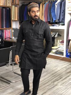 Black Kurta Pajama Design, Punjabi Kurta Pajama Men, Male Outfits, Black Kurta, Kurta Patterns