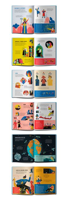 an open book with different illustrations on the front and back pages, in various colors