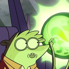 a cartoon character holding a green object in his hand