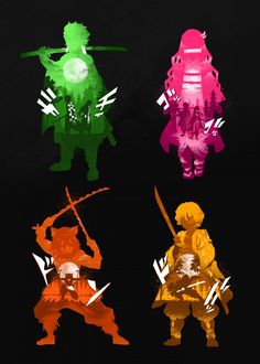 four different colored silhouettes of people with swords