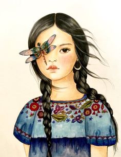 a drawing of a girl with a dragonfly on her forehead