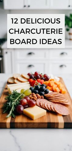 a wooden cutting board topped with cheese, meats and fruit on top of a kitchen counter