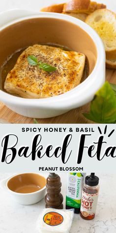 the ingredients for baked feta are shown in this collage