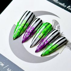 Beetlejuice Nails Short, Nails Goth, Alcohol Pads, Purple Gothic, Punk Nails, Nails Green