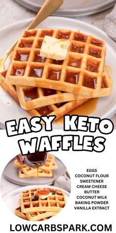 some waffles are sitting on a plate with syrup being poured onto them and the words easy keto waffles